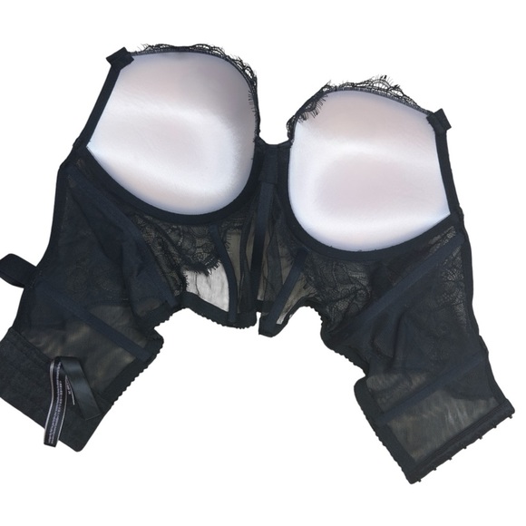 Victoria’s Secret Black Rhinestone Strap Pushup Corset Bra Top 36D Floral Lace - Picture 11 of 16